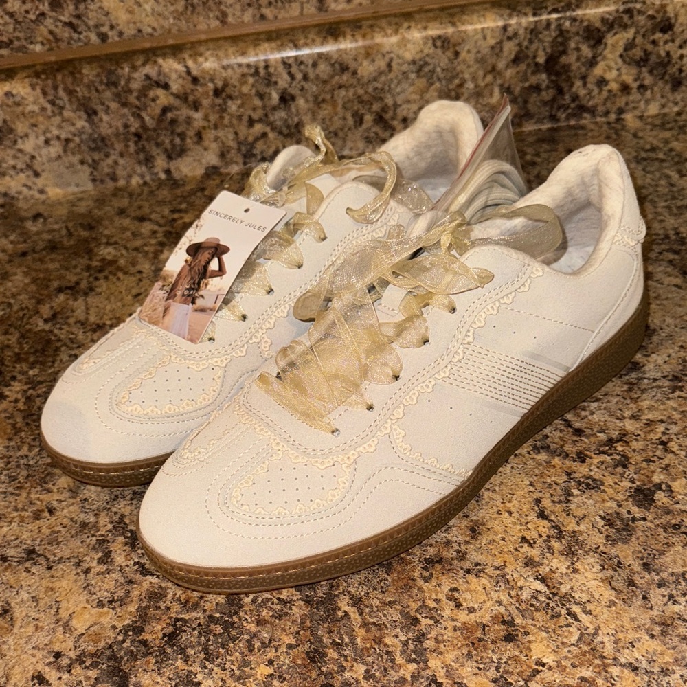 Sincerely Jules Cream Sneakers with Lace Detail